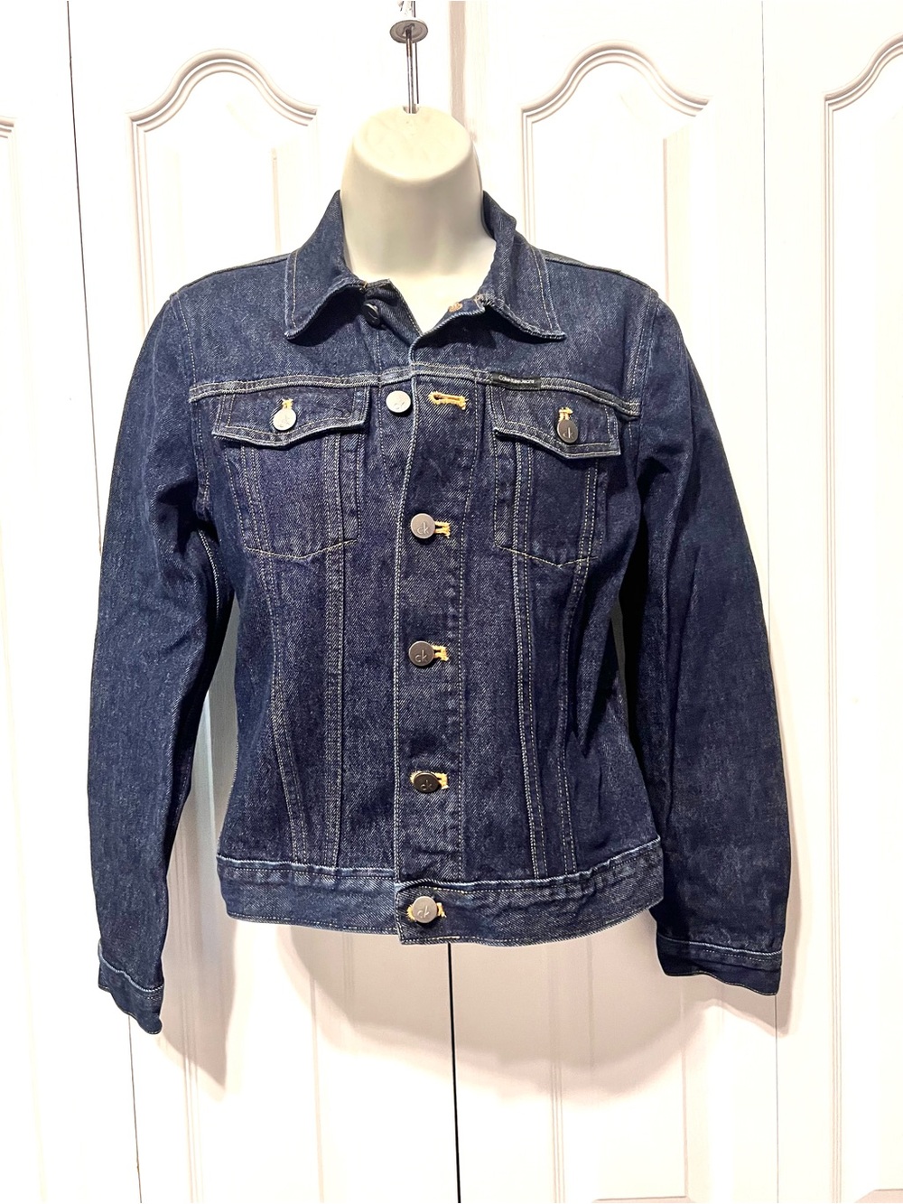 Calvin Klein Dark Blue Denim Jean Jacket-Women's Small-Stretch-Classic-Casual